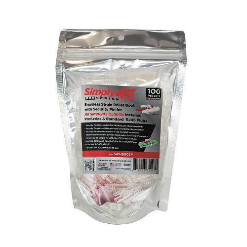 Simply45 S45-B002P Cat6/Cat6A RJ45 ProSeries Strain Relief with RED Locking Pin, 100 Pack