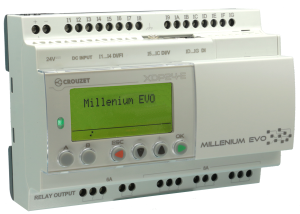 Crouzet 88975111 Millenium EVO Ethernet Smart Relay, Display, 24 VDC, 16 Digital Inputs (8 Analog-4 High Speed), 8 Relays Digital Outputs, Datalog, Event, Ftp, Free Soft, Mem. 1024 Blocs, Specifi Fbd, 32 Bits Mangement, Modbus RS485, Bluetooth/Virtua