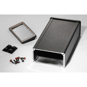 Hammond Manufacturing 1457K1602EBK black EMI/RFI shielded extruded aluminum enclosure flanged panels 6.30x3.30x1.73
