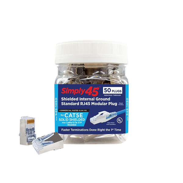 Simply45 S45-1050 Cat5E Shielded Internal Ground Standard WE/SS RJ45, 50 Pack