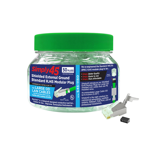 Simply45 S45-1150 Cat6 Shielded External Ground Standard WE/SS RJ45 Plugs, 50 Pack