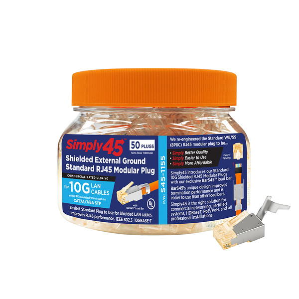 Simply45 S45-1155 10G Shielded External Ground Standard WE/SS RJ45 Plugs, 50 Pack