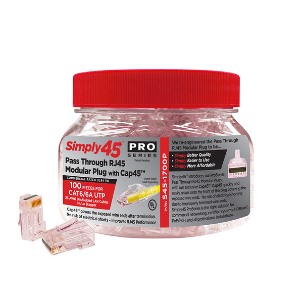Simply45 S45-1700P ProSeries Cat6/6A Unshielded Pass Through RJ45 Plugs, 100 Pack