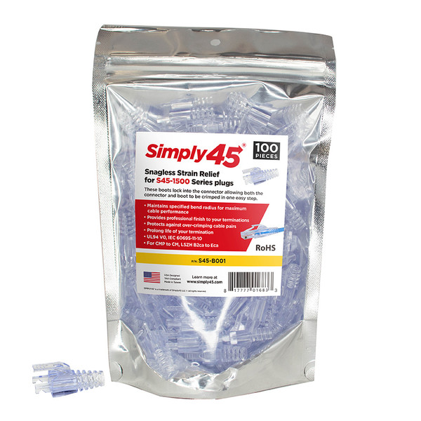 Simply45 S45-B001 Unshielded Pass Through & Standard RJ45 Integrated Strain Reliefs, 100 Pack