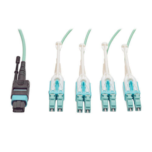 Tripp-Lite N844-01M-8LC-PT Fan-out Cable Push / Pull Tab MTP/MPO to 8 x LC 40Gbase OM3 Plenum Aqua 1M 3Ft