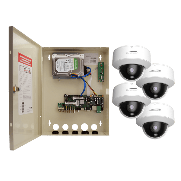 Speco ZIPTW4D1 4CH HD-TVI WALL MT DVR, 1080p, 60fps, 1TB w/ 4 Outdoor IR Dome Cameras 2.8mm lens, White