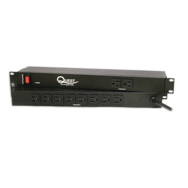 Quest HPS-E10A 19" Horizontal Rack Mount Surge Strip, 10 Outlets, 120V/15A, 1U, Black