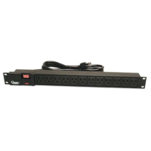 Quest HPS-E12P 19" Horizontal Rack Mount Surge Strip, 12 Outlets, 120V/15A, 1U, Black