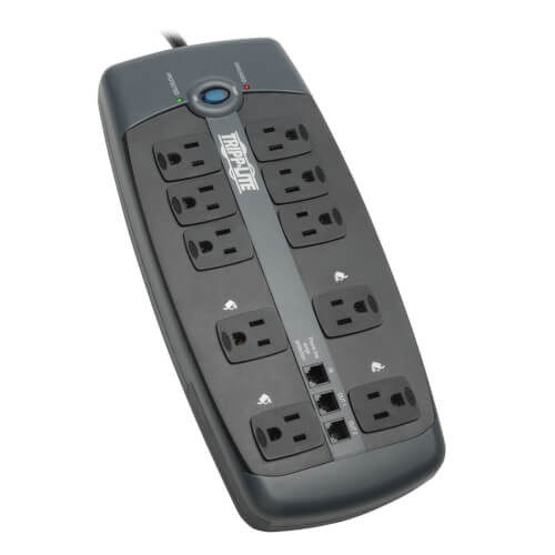 Tripp-Lite TLP1008TEL Protect It! 10-Outlet Surge Protector, 8 ft. Cord with Right-Angle Plug, 2395 Joules, Tel/DSL Protection, Black Housing