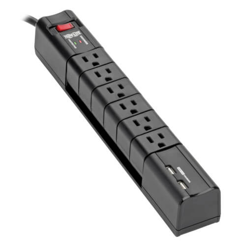 Tripp-Lite TLP608RUSBB Protect It! Surge Protector with 6 Rotatable Outlets, 8-ft. Cord, 1080 Joules, 2xUSB Charging ports (3.4A)