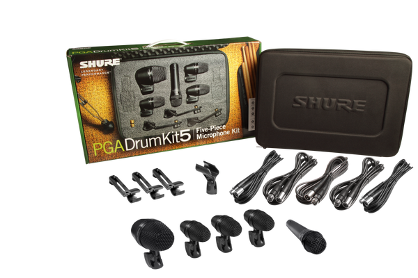 Shure PGADRUMKIT5 5-piece drum mic kit including 1-PGA52, 3-PGA56, 1-PGA57, 1-A25D stand adapter, 3-AP56DM drum mounts, 5 XLR-XLR cables, case
