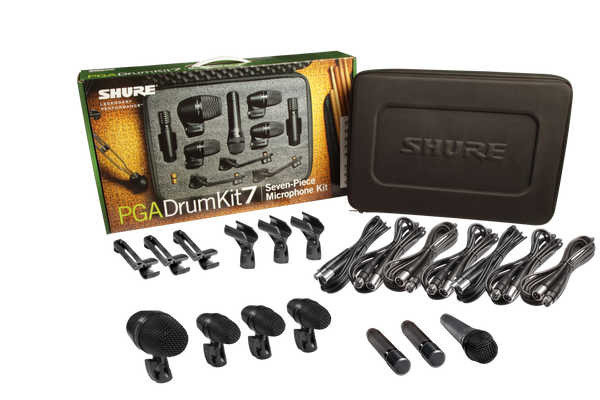 Shure PGADRUMKIT7 7-piece drum mic kit including 1-PGA52, 3-PGA56, 1-PGA57, 2-PGA81, 3-A25D stand adapters, 3-AP56DM drum mounts, 7 XLR-XLR cables, case