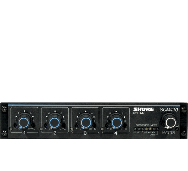Shure SCM410 Four-Channel Automatic Microphone Mixer (110V) with Logic Control and EQ per Channel, AC only, Half Rack Space Single and Dual Mount