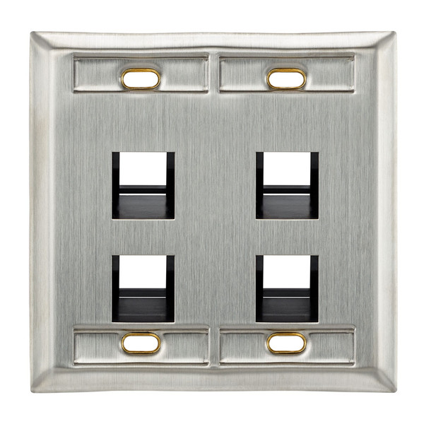 Leviton 43081-2L4 Angled Dual-Gang Stainless Steel QuickPort Wallplate with ID Windows, 4-Port