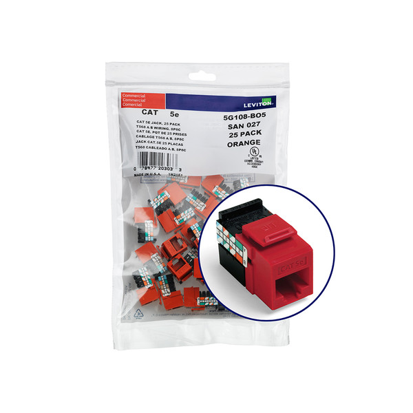 Leviton 5G108-BC5 GigaMax Cat 5e QuickPort Jack QuickPack, 25-pack, Crimson