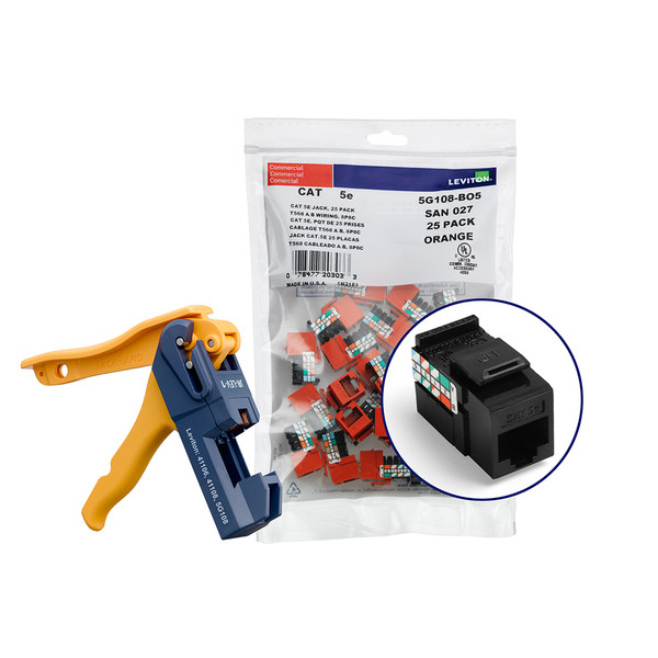 Leviton 5G108-JE5 150 GigaMax Cat 5e QuickPort Jacks, Bulk QuickPack, Black, Kitted with JackRapid Tool