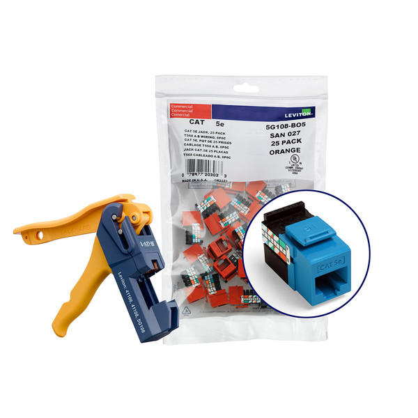 Leviton 5G108-JL5 150 GigaMax Cat 5e QuickPort Jacks, Bulk QuickPack, Blue, Kitted with JackRapid Tool