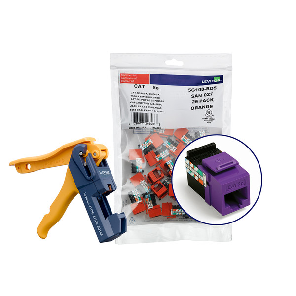 Leviton 5G108-JP5 150 GigaMax Cat 5e QuickPort Jacks, Bulk QuickPack, Purple, Kitted with JackRapid Tool