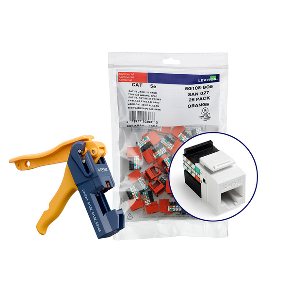 Leviton 5G108-JW5 150 GigaMax Cat 5e QuickPort Jacks, Bulk QuickPack, White, Kitted with Jack Rapid Tool