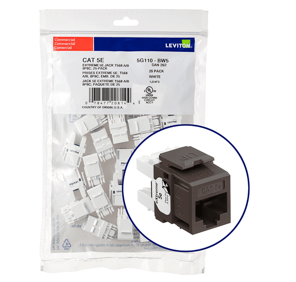Leviton 5G110-BB5 eXtreme Cat 5e QuickPort Jack QuickPack, 25-pack, Brown
