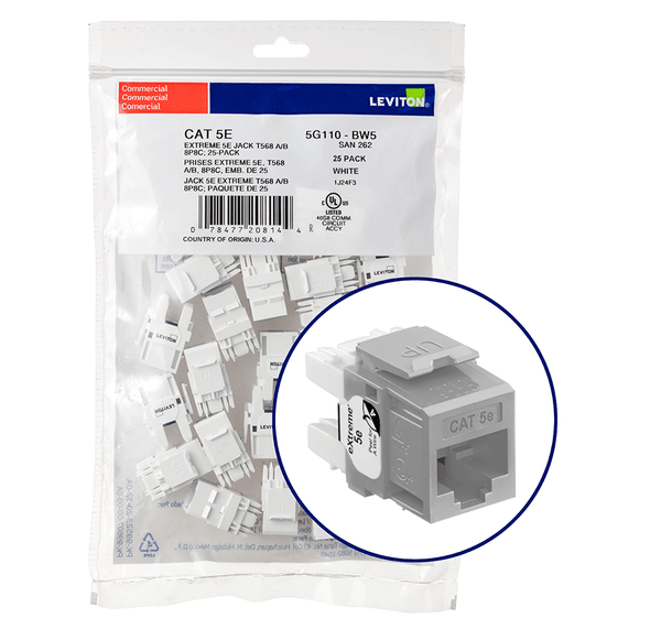 Leviton 5G110-BG5 eXtreme Cat 5e QuickPort Jack QuickPack, 25-pack, Gray