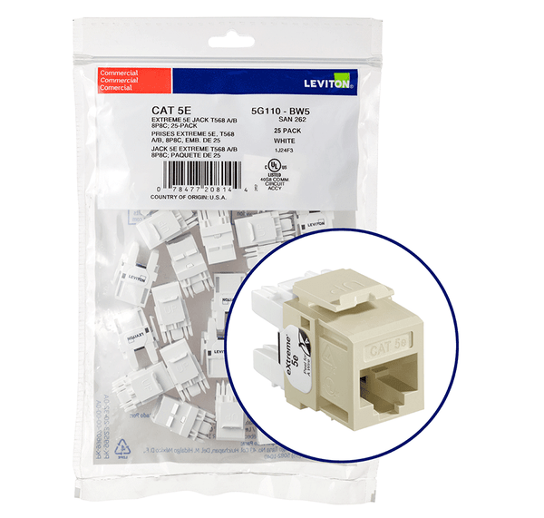 Leviton 5G110-BI5 eXtreme Cat 5e QuickPort Jack QuickPack, 25-pack, Ivory