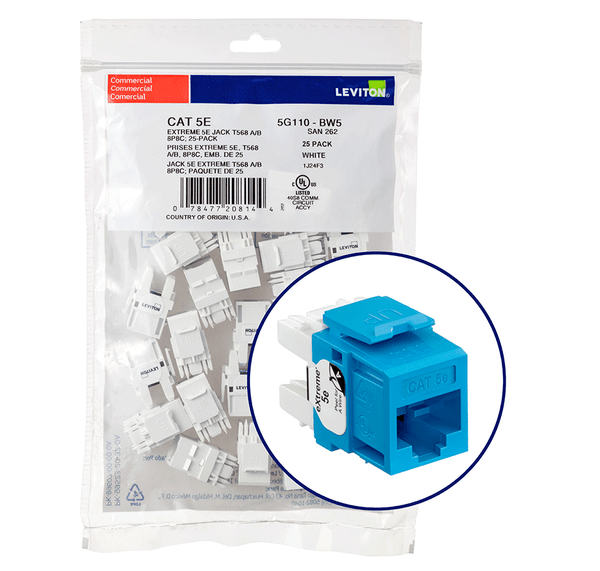 Leviton 5G110-BL5 eXtreme Cat 5e QuickPort Jack QuickPack, 25-pack, Blue