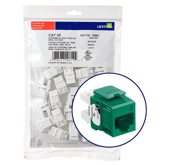 Leviton 5G110-BV5 eXtreme Cat 5e QuickPort Jack QuickPack, 25-pack, Green