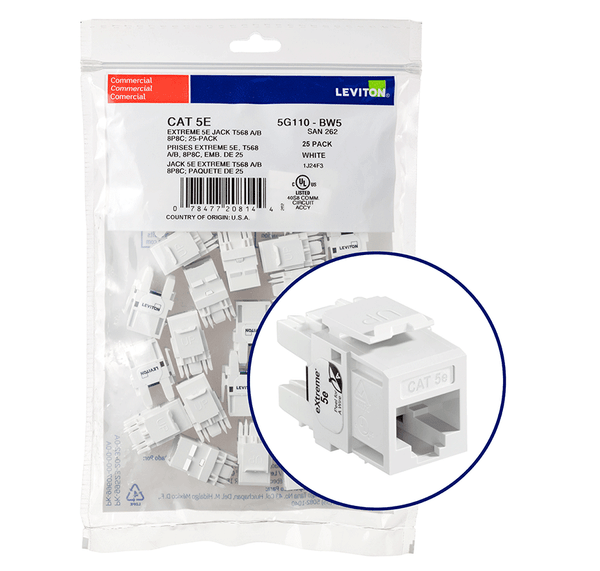 Leviton 5G110-BW5 eXtreme Cat 5e QuickPort Jack QuickPack, 25-pack, White