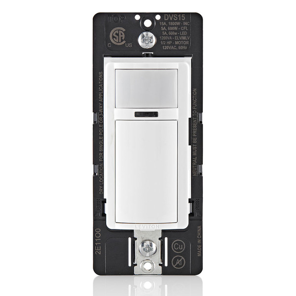 Leviton DVS15-1LZ Decora Vacancy Motion Sensor In-Wall Switch, Manual-On, 15A, Single Pole, Multi-Way or Multi-Sensor
