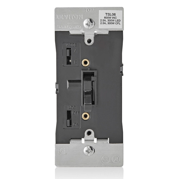 Leviton TSL06-1LE Universal Dimmable LED, CFL, Incandescent and Halogen Toggle-Slide Dimmer, 600W-120VAC Incandescent, 300W-120VAC 60Hz, Single Pole and 3-Way - Black