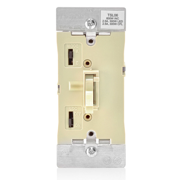 Leviton TSL06-1LI Universal Dimmable LED, CFL, Incandescent and Halogen Toggle-Slide Dimmer, 600W-120VAC Incandescent, 300W-120VAC 60Hz, Single Pole and 3-Way - Ivory
