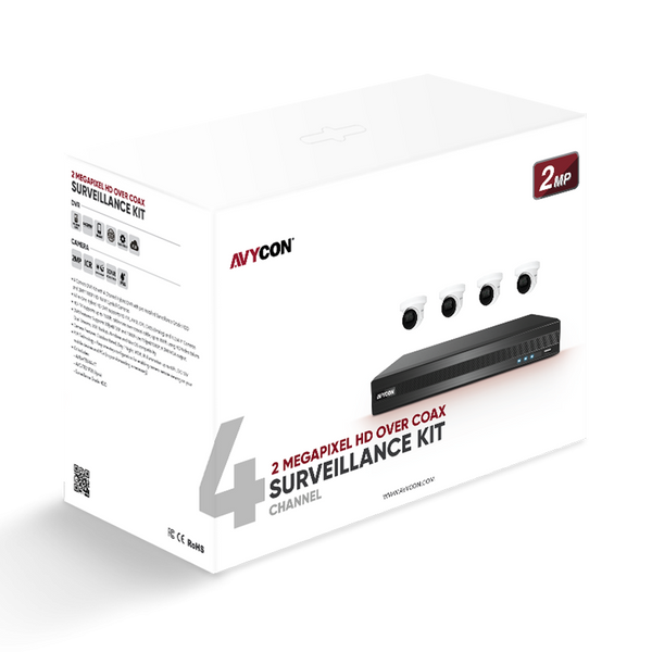 Avycon AVK-TE21E4-1T 2MP TVI Kit with 4 of 2MP TVI Turret Cameras and 4CH DVR with 1TB HDD pre-installed, contains AVC-TE21F28 (4 QTY) and AVR-DSV504H-1T (1 QTY)