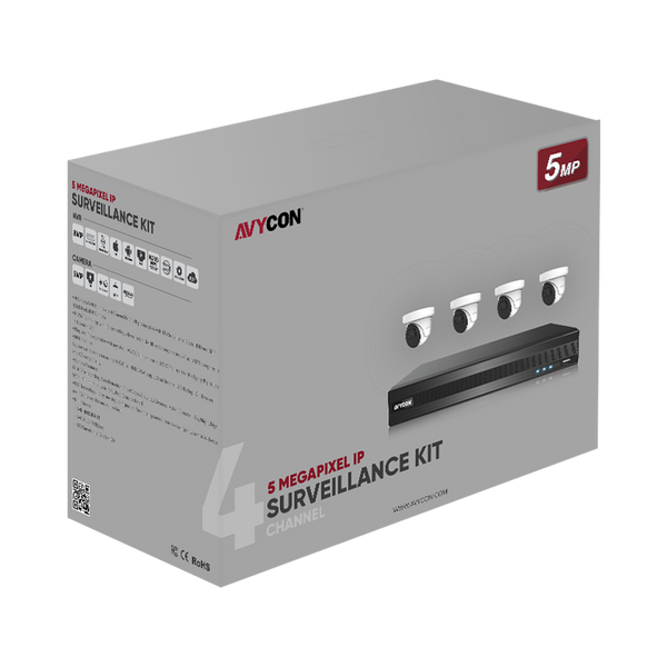Avycon AVK-NL51E4-1T 5MP Diversity IP Kit with 4 of 5MP IP Turret Cameras and 4CH PoE 4K 4K NVR with 1TB HDD pre-installed, contains AVC-NLE51F28 (4 QTY) and AVR-NSV04P4-1T (1 QTY)