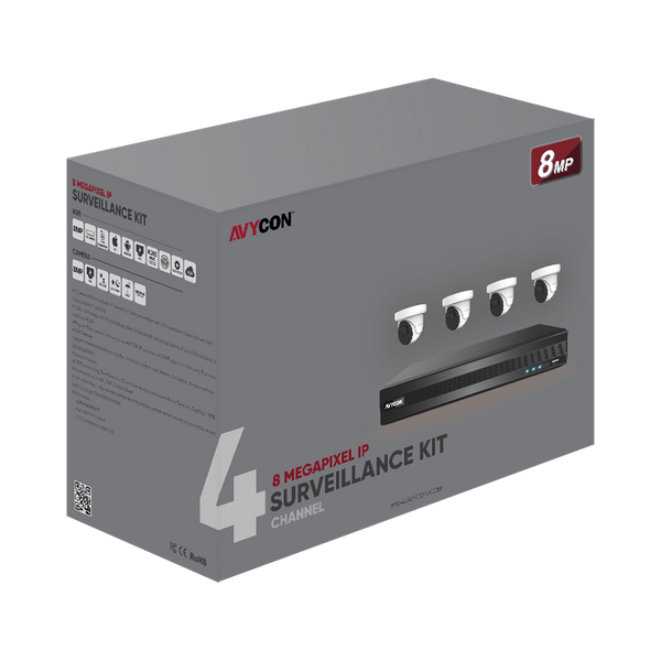 Avycon AVK-NS81E4-2T 8MP Diversity IP Kit with 4 of 8MP Infinite-Star IP Turret Cameras and 4CH PoE 4K 4K NVR with 2TB HDD pre-installed, contains AVC-NSE81F28 (4 QTY) and AVR-NSV04P4-2T (1 QTY)