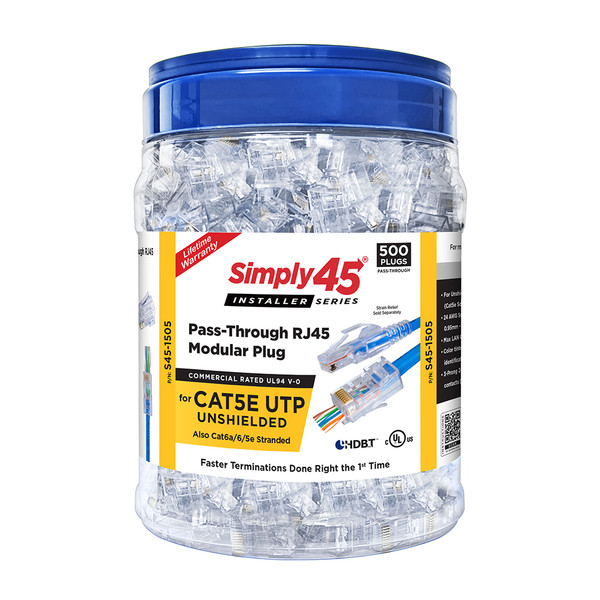 Simply45 S45-1505 Cat5e Unshielded Pass Through RJ45 Connectors, 500 Pack
