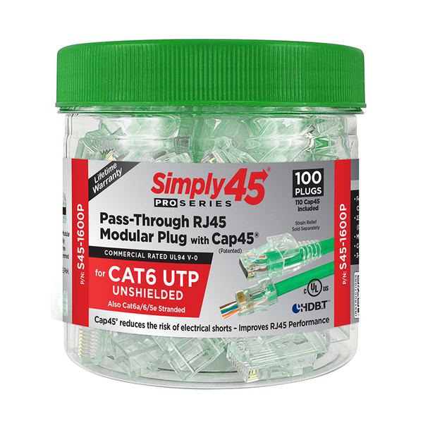 Simply45 S45-1600P ProSeries Cat6 Unshielded Pass-Through RJ45 Connectors, 100 Pack