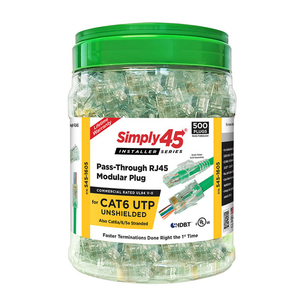 Simply45 S45-1605 Cat6 Unshielded Pass Through RJ45 Connectors, 500 Pack