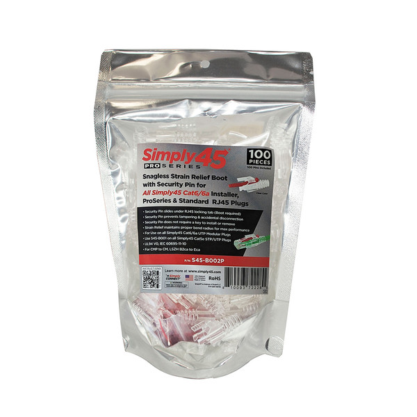 Simply45 S45-B002P Cat6/Cat6A RJ45 ProSeries Strain Relief with RED Locking Pin, 100 Pack
