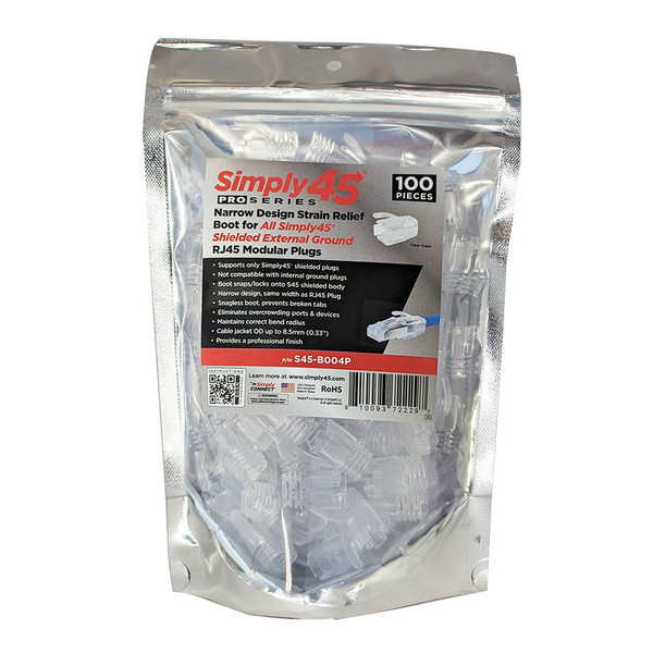 Simply45 S45-B004P External Ground Shielded RJ45 ProSeries Integrated Strain Reliefs, 100 Pack