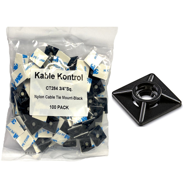 Kable Kontrol CT284 3/4" Black Adhesive Cable Tie Mounts, 100 Pack