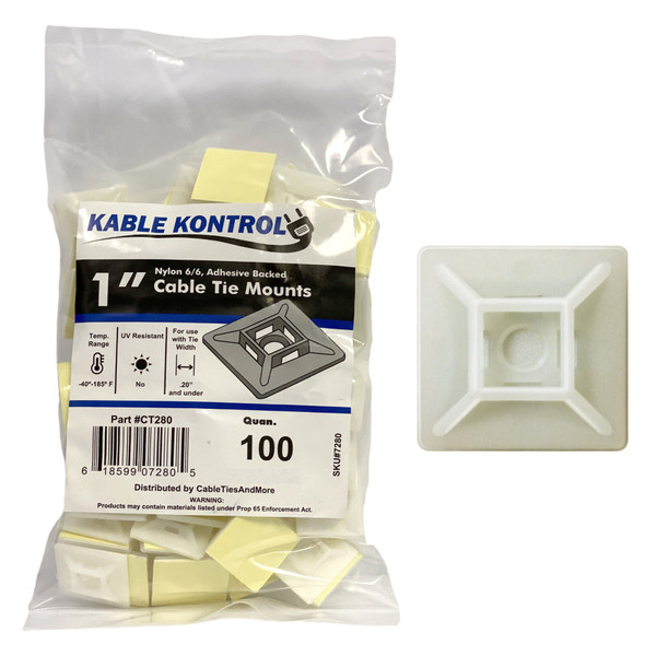 Kable Kontrol CT280 1" Natural Adhesive Cable Tie Mounts, 100 Pack
