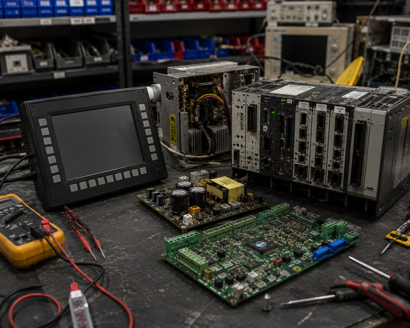 Industrial electronic equipment undergoing repair