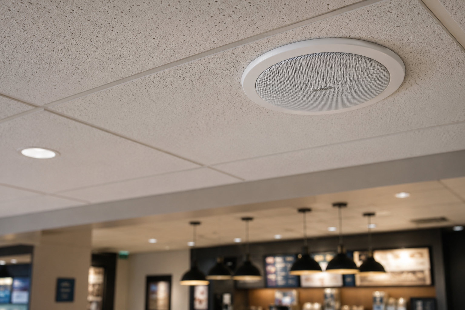 Commercial audio speaker and paging system installation