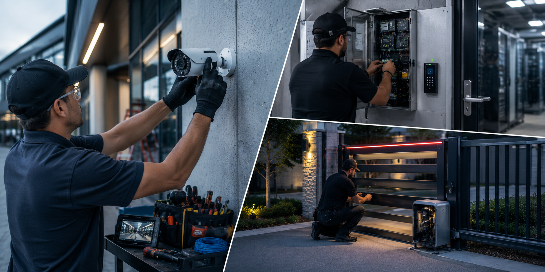 Commercial technology installer working on a low-voltage system