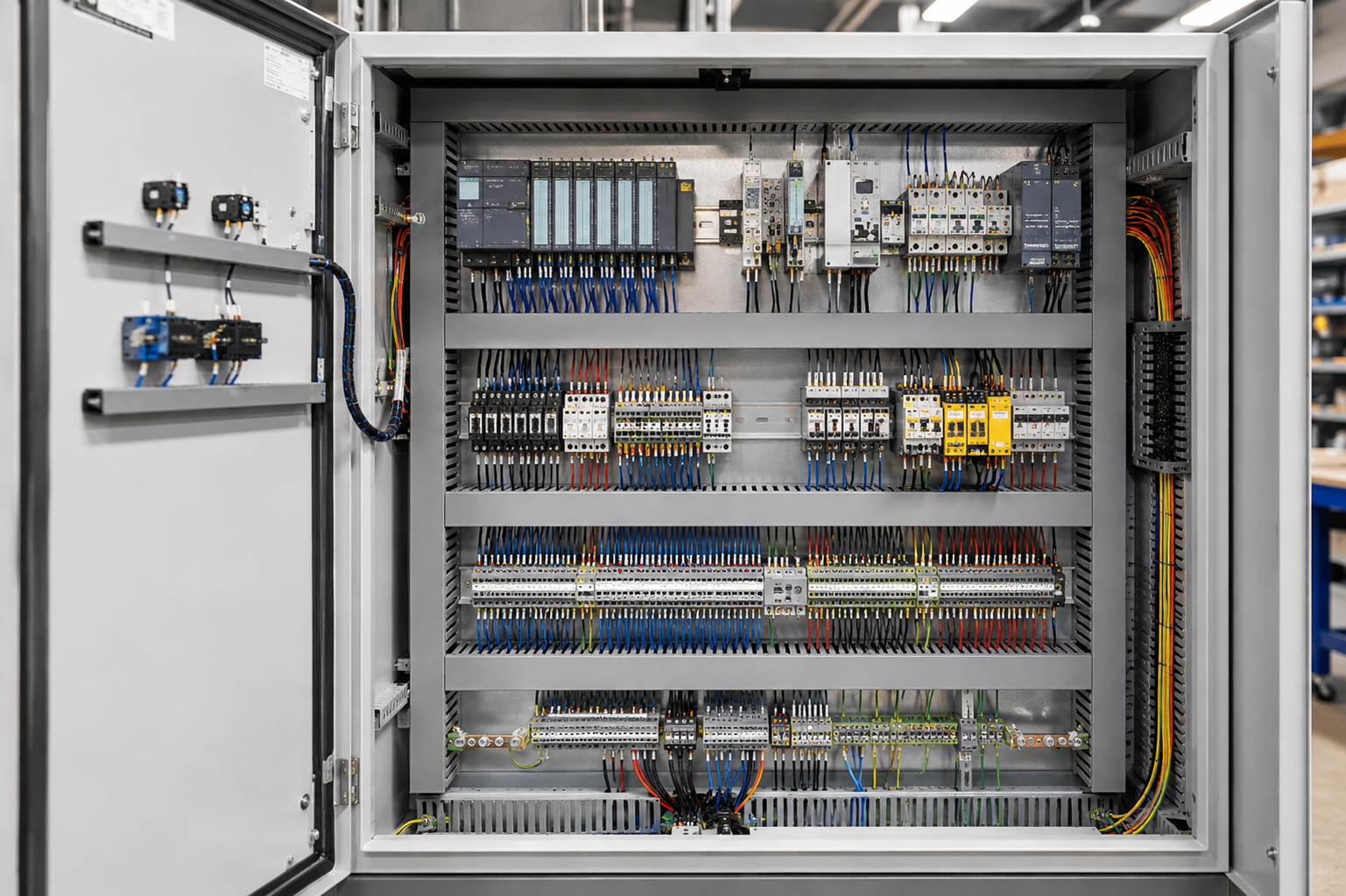Industrial control panel builder assembling electrical components
