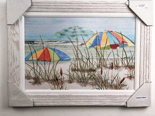 Three beach umbrellas painting by american artist and reproduced with real wooden frame and fabric matting.  Size is 30" x 22". 