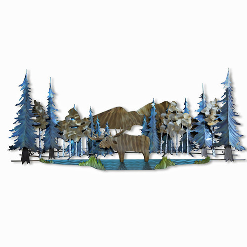 Moose and Pines Mountain Lake Scene Metal Wall Art MM251