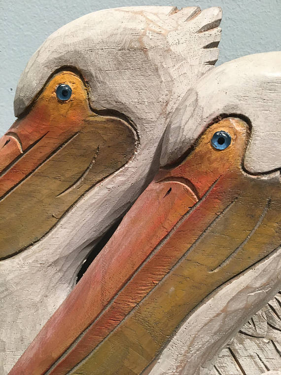 White Pelicans Swimming Hand Carved Wood