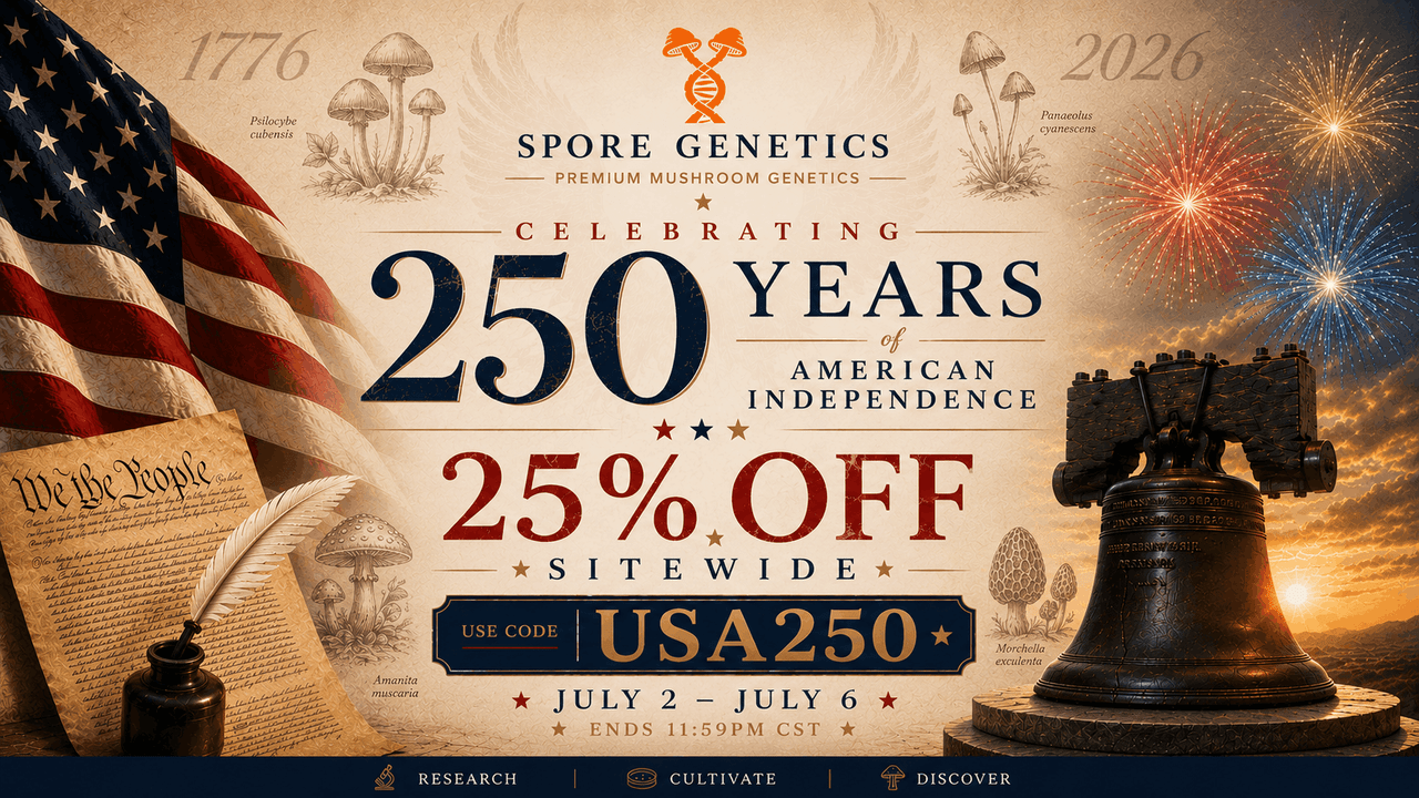 Patriotic Spore Genetics banner celebrating America's 250th anniversary with a 25% off sitewide promotion, Liberty Bell, American flag, and vintage Declaration of Independence artwork